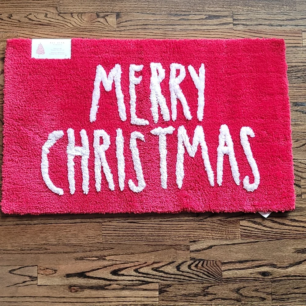 Nwt Rae Dunn Magenta Merry Christmas bathroom mat rug red white Holiday - Picture 2 of 6